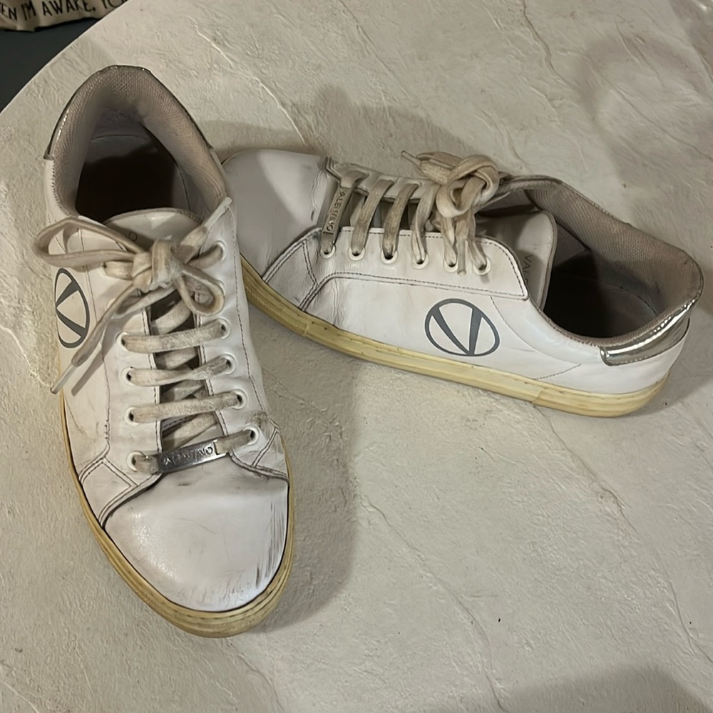 VALENTINO; MARIO VALENTINO white & silver metallic sneakers